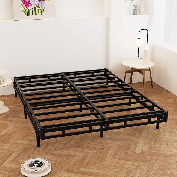 Box Spring Full Size Bed 4 Inch Low Profile, Heavy Duty Metal Box Spring Bed Base with Fabric Cover, Mattress Foundation, Easy Assembly, Noise Free, Black