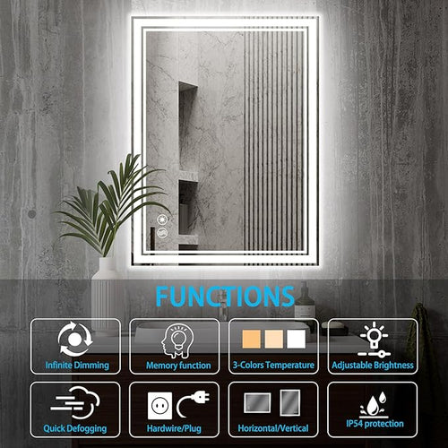 24 x 36'' LED Mirror for Bathroom Anti-Fog Dimmable 3 Colors Stepless Brightness