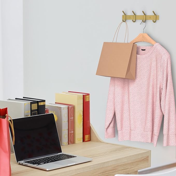 Brushed Gold Wall Mounted Coat Rack – 12 Inch Stainless Steel Rail with 4 Double Coat Hooks for Entryway, Bathroom, Bedroom, Kitchen – Modern Gold Hook Rack for Coats, Hats, Towels