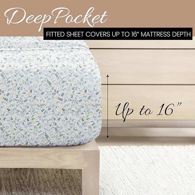 Linen Market 4 Piece King Sheet Set - Breathable, Double-Brushed Patterned Cooling Sheets – Oeko-TEX Certified Ultra Soft & Wrinkle-Free 16" Deep-Pocket King Sheets - Easy Care Wildflower Light Blue
