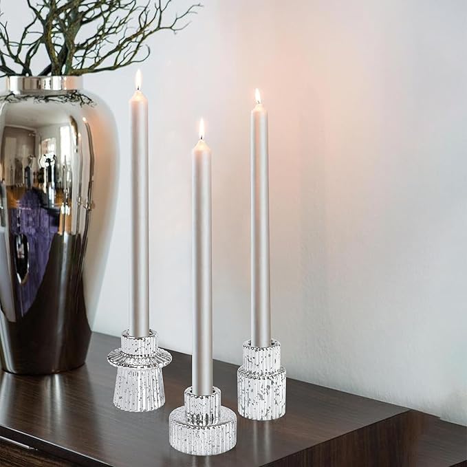 Vixdonos Taper Glass Candlestick Holders Tealight Candle Holders for Table Centerpieces, Wedding Decor and Dinner Party (3 Pcs, Silver with Speckles)