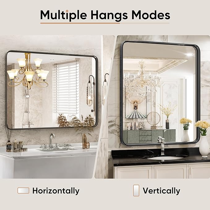 DUMOS Black Metal Framed Vanity Rounded Rectangle Bathroom Mirrors for Over Sink Wall, 36x24 Inch Large Matte Mirror, Modern Decorative for Restroom, Farmhouse, Horizontally or Vertically Hanging