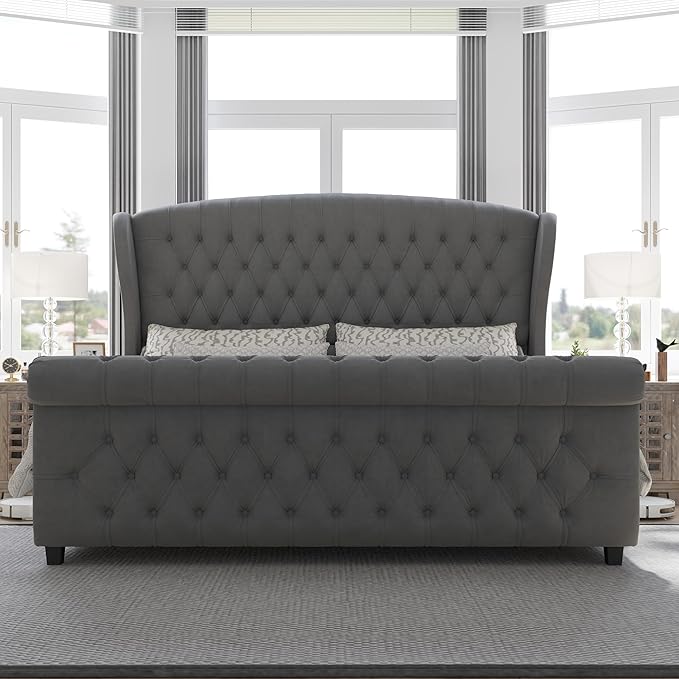 AMERLIFE California King Size Platform Bed Frame, Velvet Upholstered Sleigh Bed with Scroll Wingback Headboard & Footboard/Button Tufted/No Box Spring Required/Grey