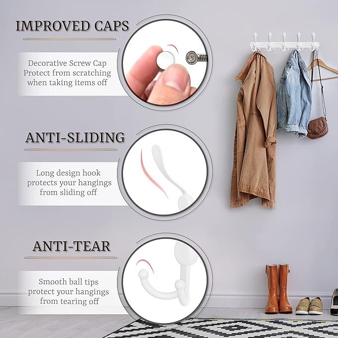 Coat Rack Wall Mount with 5 Tri Hooks, Stainless Steel 16 Inch – White Matte Finish, Heavy Duty Wall Mounted Hook Rack for Coats, Hats, Towels, Scarfs, Robes, Bags, Entryway & Bathroom