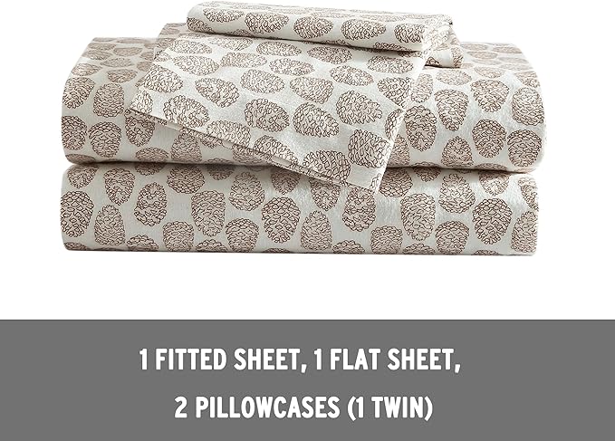 Eddie Bauer - King Sheets, Cotton Flannel Bedding Set, Brushed For Extra Softness, Cozy Home Decor (Little Creek Pine Cone Beige, King)