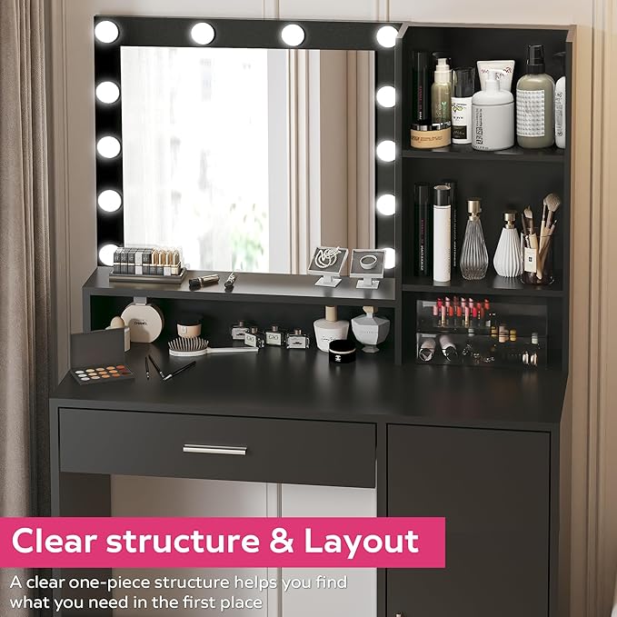 Vanity Desk with Mirror & Light, Large Drawer & Three Level Storage Dresser, 3 Lighting Modes Adjustable Brightness, Bedroom Dressing Table (Black)
