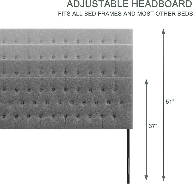 Tufted Upholstered Headboard California King Size, Solid Wood Head Board with Durable Metal Legs, Adjustable Height Bed headboard from 37” to 51” Fabric Headboard in Button Design, Grey