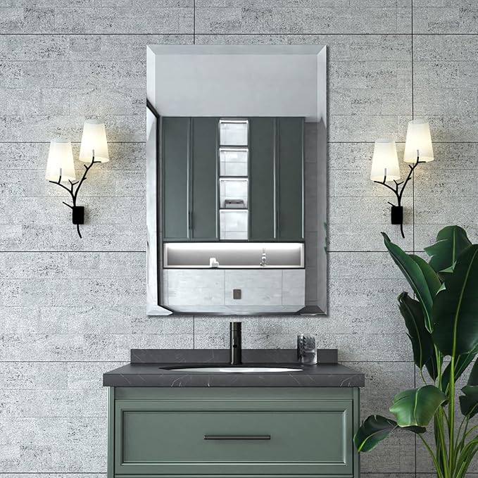 Mirrorons Beveled Mirror, Bathroom Mirrors for Wall 24" x 36", Frameless Rectangle Bathroom Mirror with Beveled Edge, Hangs Horizontally or Vertically, Upgraded Packing