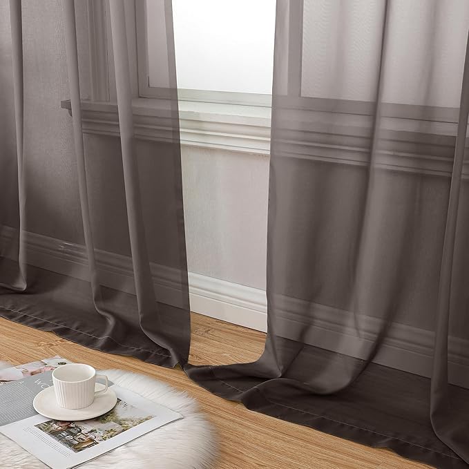 Aiyufeng Chocolate Brown Sheer Curtains 96 Inches Long 2 Panels, Solid Voile Rod Pockets Stylish Breathable Drapes Window Treatment for Kid's Room/Bedroom/Living Room, 42W x 96L, Chocolate Brown