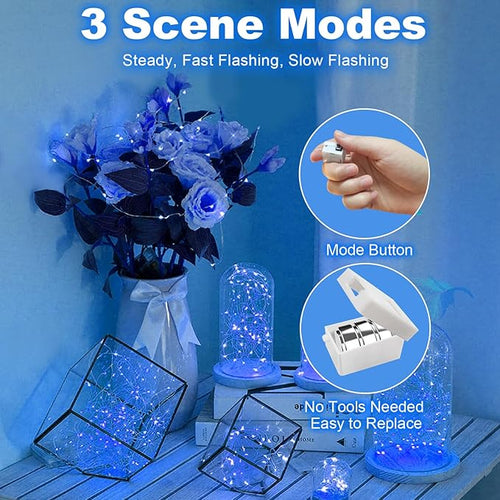20 Pack Fairy Lights Battery Operated - 3 Speed Modes, 7Ft 20 LED String Twinkle Lights, Waterproof Copper Wire, Mini Firefly Light for Mason Jars Vases Christmas Decor,Blue