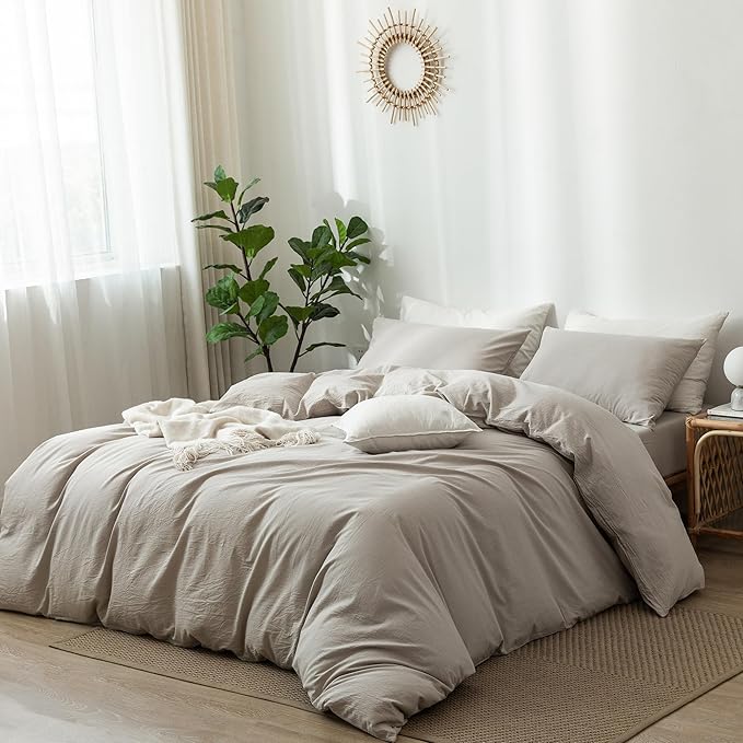MooMee Bedding Duvet Cover Set 100% Washed Cotton Linen Like Textured Breathable Durable Soft Comfy (Heathered Cream Grey, Oversized King Plus 128"x120")