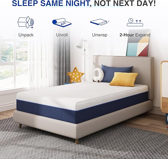 8 Inch Twin Size Mattress for Kids, Gel Cooling Memory Foam Mattress in A Box, Medium Firm Feel for Back Pain Relief, CertiPUR US Certified