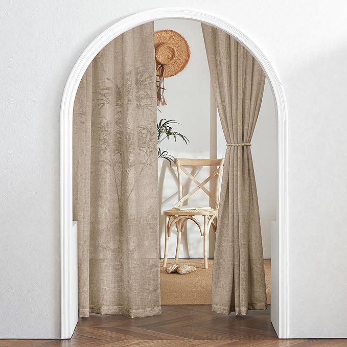 RYB HOME Sheer Linen Curtains 90 inches Long, Rod Pocket Easy Sliding Linen Blend Elegant Light Filtering Privacy Protected Panels for Living Room, Khaki, 52" W, 2 Panels
