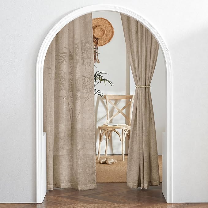 RYB HOME Natural Linen Blend Sheer Curtains for Kitchen, Semi Sheer Light Filtering Privacy Protected Rod Pocket & Back Tab Curtain Panels for Small Window, 52 x 45 inch, Khaki, 2 Panels Set