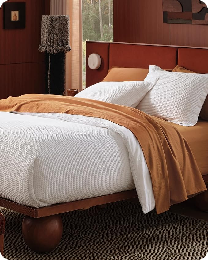 Bedsure Cotton Duvet Cover Set - 100% Cotton Waffle Weave Coconut White Duvet Cover Oversized Queen Size, GentleSoft™ and Breathable Bedding Set for All Season, 3 Pieces, 98"x98"