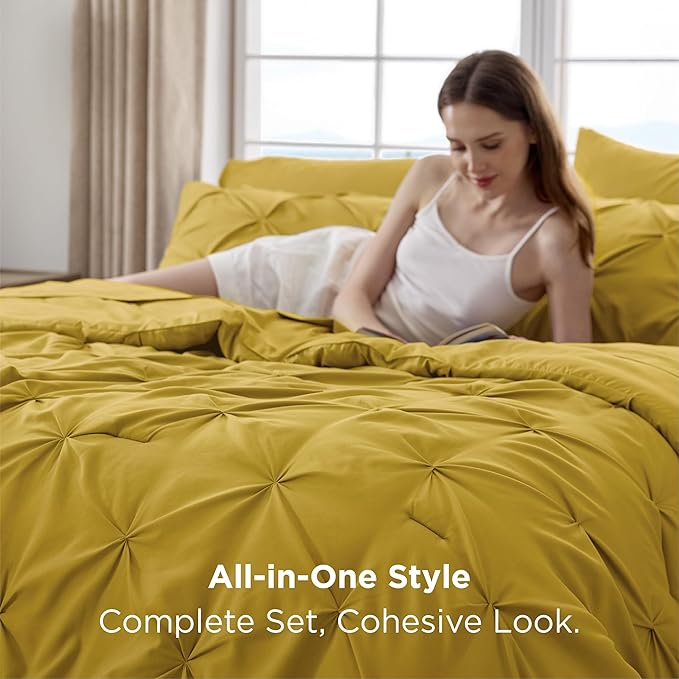 Bedsure Queen Comforter Set - Bed in a Bag Queen Size Bedding 7 Pieces, GentleSoft™ Pintuck Bed Set Gift for Family, Pinch Pleat Mustard Yellow Comforter with Sheets, Pillowcases & Shams