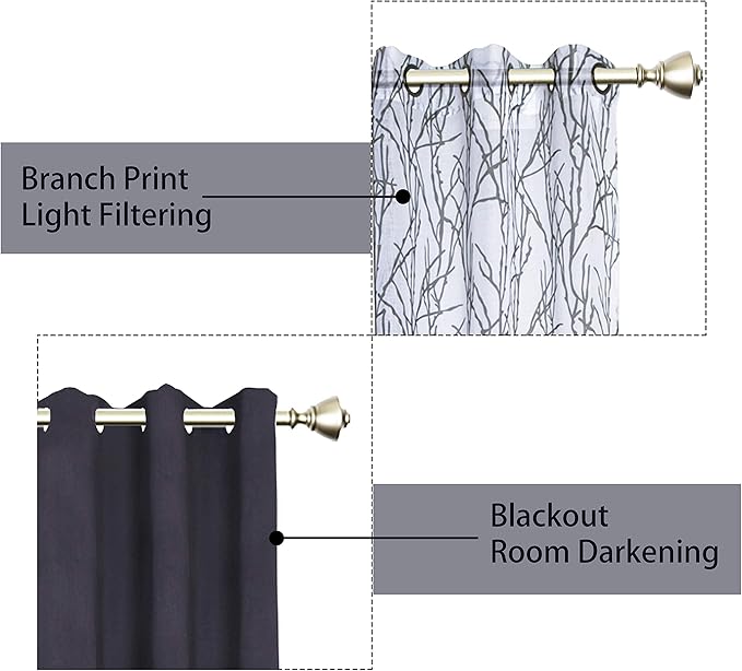 BONZER Mix and Match Curtains - 2 Pieces Branch Print Sheer Curtains and 2 Pieces Blackout Curtains for Bedroom Living Room Grommet Window Drapes, 37x63 Inch/Panel, Grey Dark, Set of 4 Panels