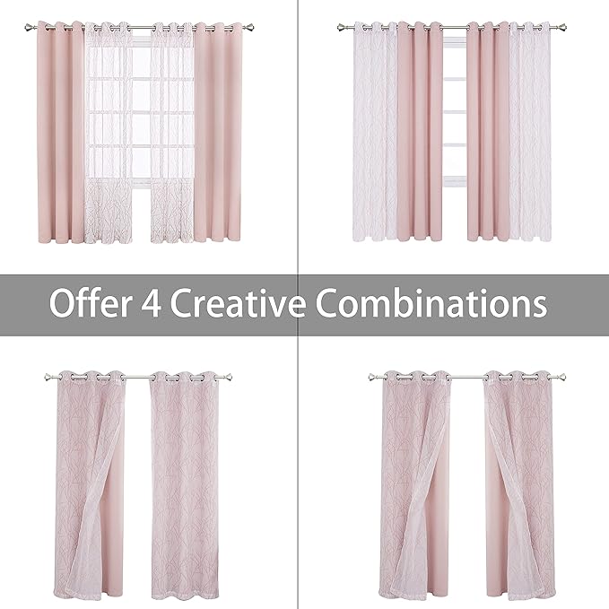 BONZER Mix and Match Curtains - 2 Pieces Branch Print Sheer Curtains and 2 Pieces Blackout Curtains for Bedroom Living Room Grommet Window Drapes, 37x63 Inch/Panel, Blush, Set of 4 Panels