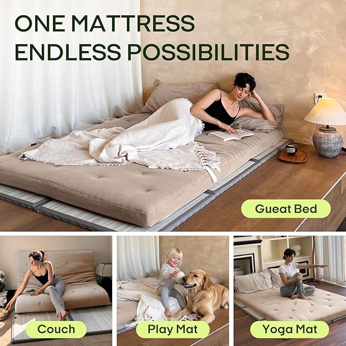 ZonLi Japanese Floor Futon Mattress Twin Size 75"x 39", 100% Cotton Cover 2.5'' Thicken Tatami Mattress, Foldable Sleeping Pad, Portable Dormitory Tatami Mat(Khaki)