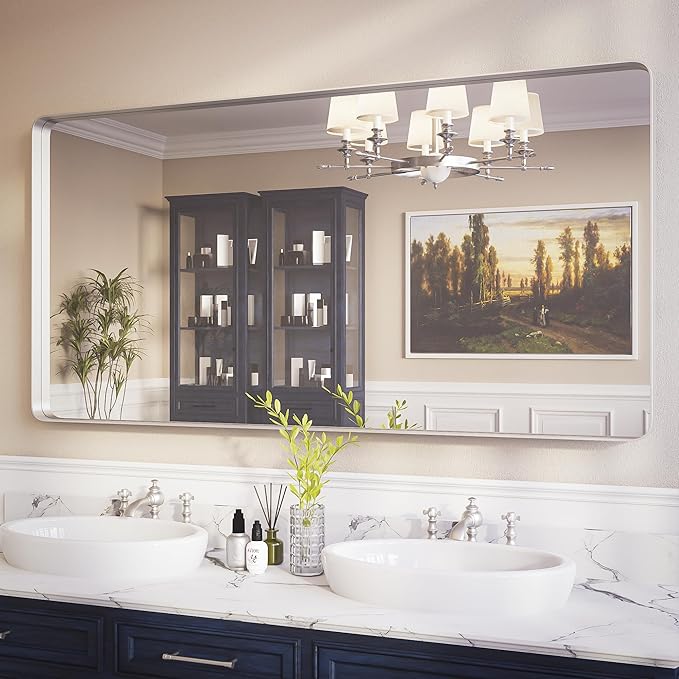 ISKM Silver Framed Mirror for Bathroom 60" x 30" Matte Bathroom Vanity Mirror Anti-Rust, Tempered Glass, Rounded Rectangle Mirror(Horizontal/Vertical)