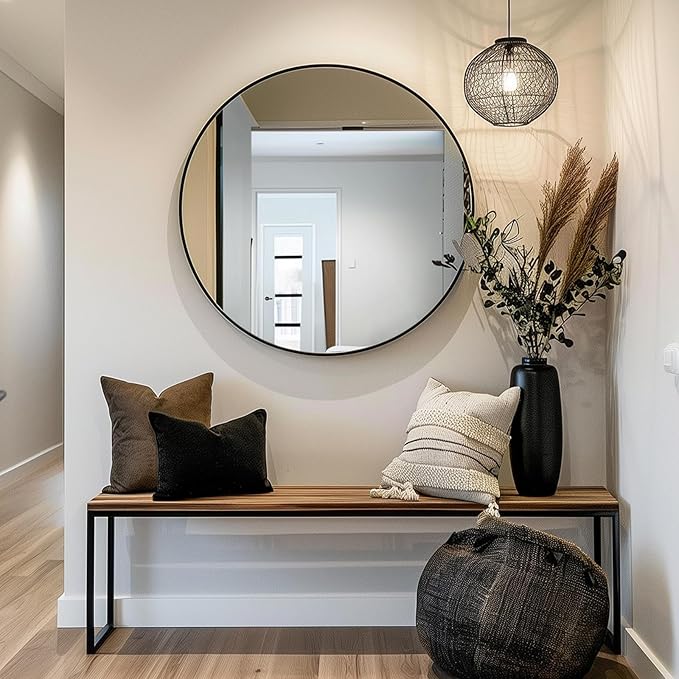Black Round Mirror, Round Mirror 24 inch, Black Circle Mirrors Metal Frame, Wall Mounted Mirrors for Living Room, Bathroom, Wall, Entryway, Rustic.