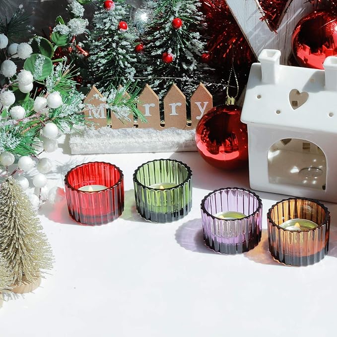 VOHO 24pcs Multicolor Votive Candle Holders for Centerpiece Table Decorations, Ribbed Glass Christmas Candle Holder Gifts for Women, Festive Tealight Candle Holder for Votive/Tea Lights Candles