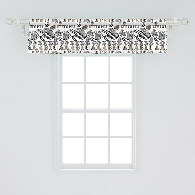 Ambesonne Modern Window Valance, Coffee Beans with Ornamental Words Ethiopians Pattern, Curtain Valance for Kitchen Bedroom Decor with Rod Pocket, 42" x 12", Sand Brown Black