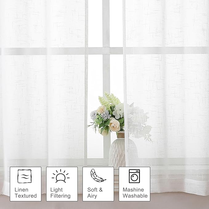 Aiyufeng Kirei Linen White Sheer Curtains - 2 Pieces, Elegant, Natural Light Flow, Rich Quality Material, Highly Durable Window Curtain Panels for Bedroom/Living Room (40" W x 63" L, Pure White)