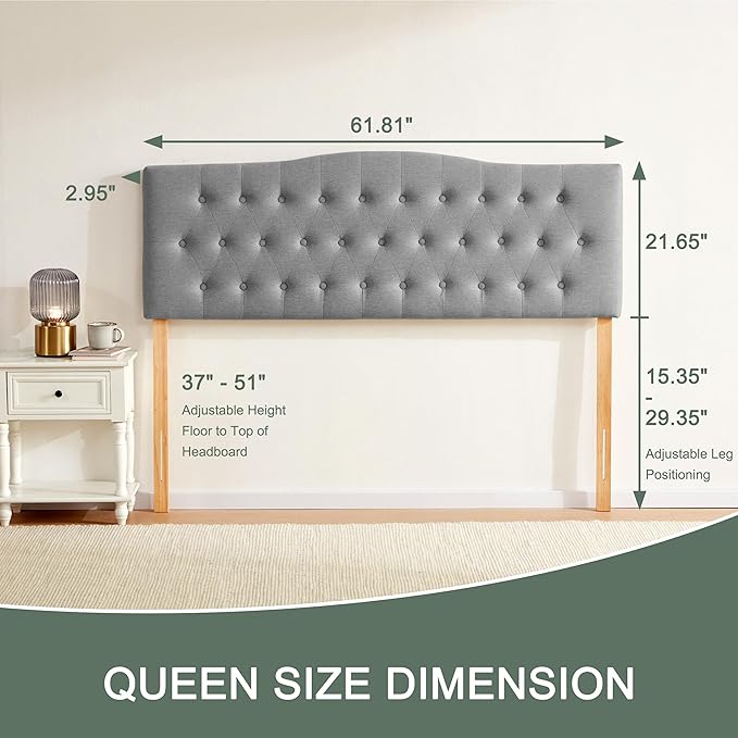 Tufted Upholstered Headboard Queen Size, Sturdy and Durable Solid Wood Bed headboard, Fabric Headboard Adjustable Height from 37” to 51”, Modern Button Diamond Design Head Board, Grey