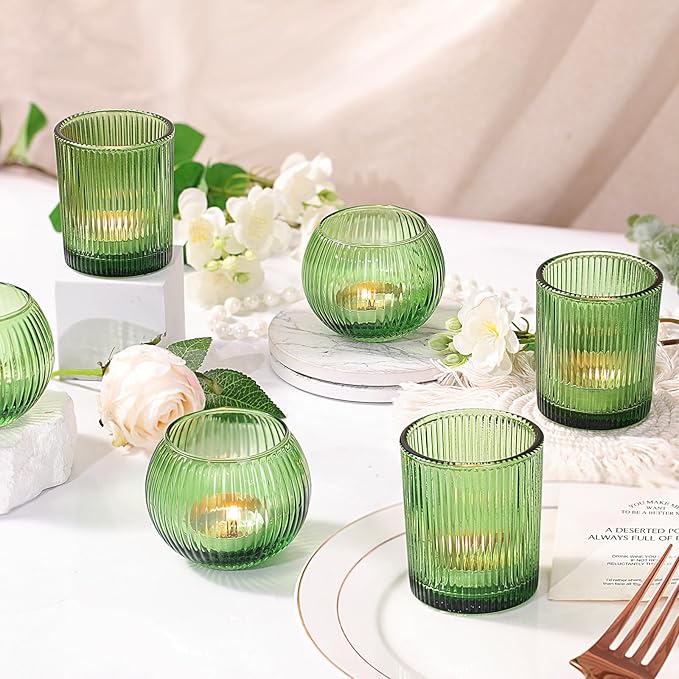Green Votive Candle Holders Set of 10- Round Green Candle Holders Bulk, Glass Candle Holder for Wedding Home Decoration, Tea Lights Candle Holder for Bridal Shower, Party & Gift
