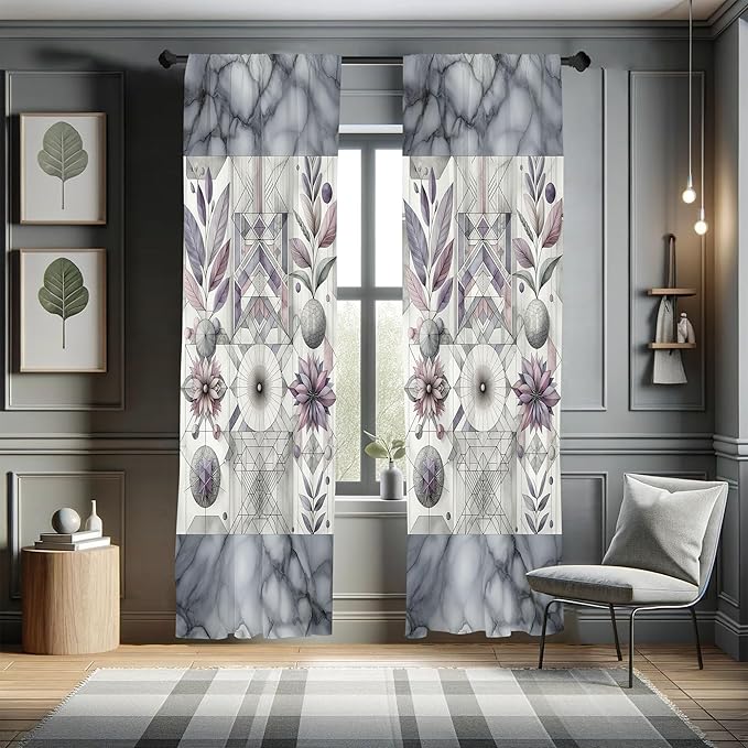 Ambesonne Geometric Floral Window Curtains, Classic Marble Print Ornate Leafy Flowers and Futurist Stripes, Lightweight Decor 2-Panel Set with Rod Pocket, Pair of - 28" x 84", Ceil Blue Laurel Green