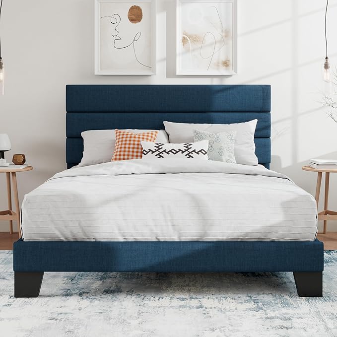 SHA CERLIN Full Platform Bed Frame with Upholstered Fabric Headboard, Mattress Foundation with Strong Wooden Slats Support, No Box Spring Needed, Blue