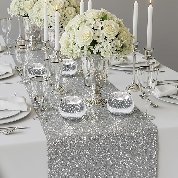 Rtteri 24 Set Votive Candle Holders Wedding Centerpiece Table Decorations Speckled Mercury Glass Votive Candle Holders with Tea Lights Birthday Party Decorations for Home (Silver)