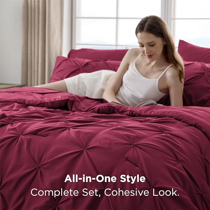 Bedsure California King Comforter Set Dark Red - Bed in a Bag Cal King Bedding Set 7 PCS, GentleSoft™ Pintuck Bed Set Gift for Family, Pinch Pleat Dark Red Comforter with Sheets, Pillowcases & Shams