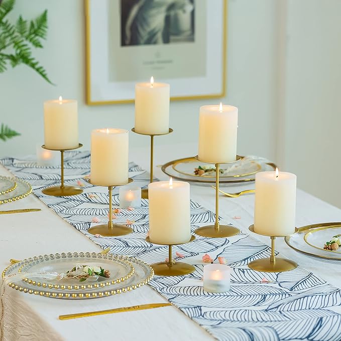 Pillar Candle Holders Candelabra Gold - Set of 12 Bulk Candle Stand Iron Plate Minimalism Modern Home Mantel Dinning Table Decorations Centerpiece for Wedding, Party, Housewarming, Events