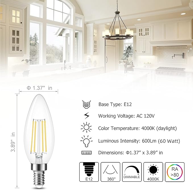 Cotanic Dimmable E12 Candelabra LED Bulbs, 60W Equivalent,4000K Daylight,600LM Ceiling Fan Light Bulb,C35 Filament Chandelier Light Bulbs B11 Candle Lights with Clear Glass,Pack of 6