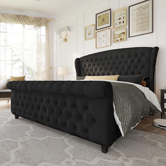 AMERLIFE California King Size Platform Bed Frame, Velvet Upholstered Sleigh Bed with Scroll Wingback Headboard & Footboard/Button Tufted/No Box Spring Required/Black