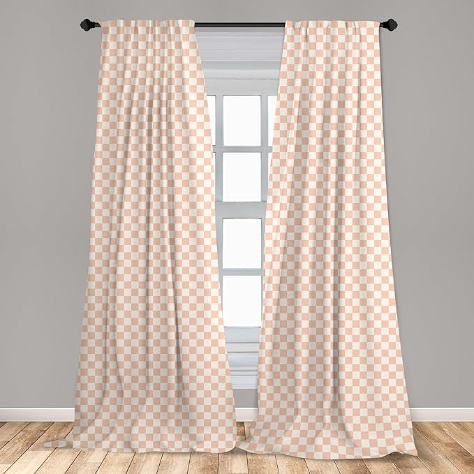 Ambesonne Geometric Curtains, Pale Salmon Colored Chess Table Like Modern Pink Color Squares Art Print, Window Treatments 2 Panel Set for Living Room Bedroom, Pair of - 28" x 84", Peach Cream