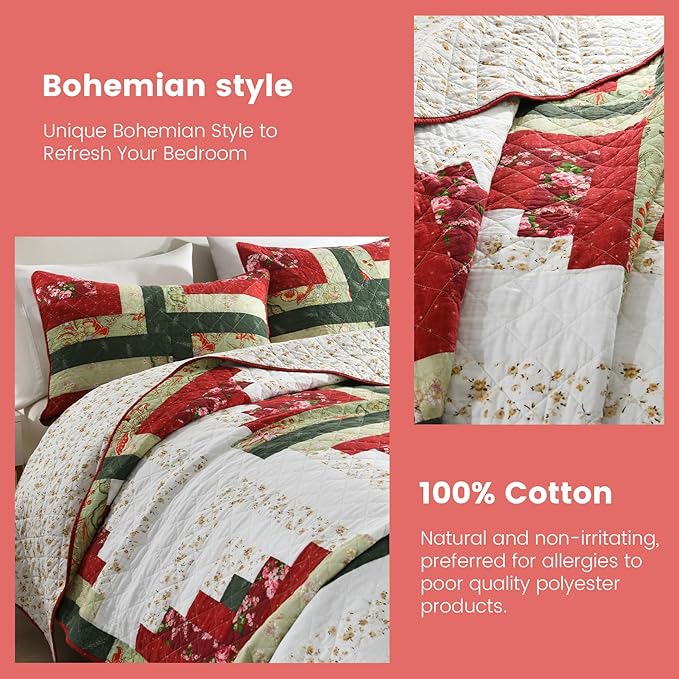 Secgo Handmade Quilted 100% Cotton King Comforter Set for Bed - 100% Cotton Quilts King Size, Black Bedspreads (96 * 108 Inch) with 2 Pillow Shams, Patchwork Reversible Lightweight Bedding