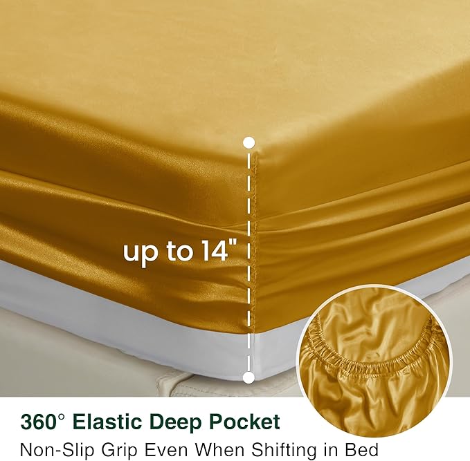 Love's cabin Satin King Sheet Sets - 4 Piece Gold Silky Sheets King Size Bed with Deep Pocket, Luxury Silk Feel King Size Satin Sheet Set (1 Flat Sheet,1 Fitted Sheet,2 Pillow Cases)