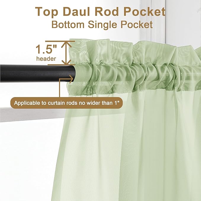 Chyhomenyc Light Green Sheer Curtains 78 Inches Long 2 Panels Set for Living Room, Light Filtering Voile Lightweight Bedroom Curtains, Rod Pocket Solid Window Treatment Drapes, Each 42W x 78L