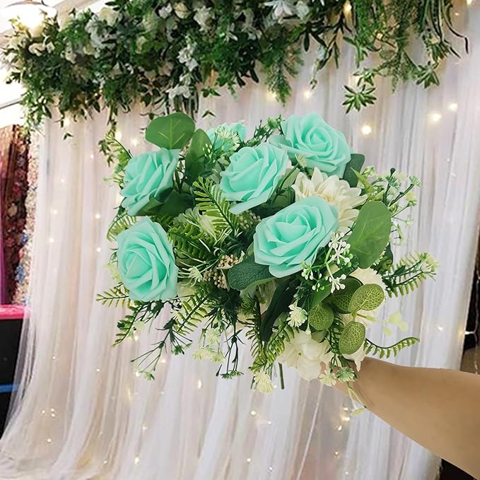 Artificial Rose Flowers 25pcs, Cyan Foam Fake Rose Faux Flower for Wedding Bouquets Bridal Shower Centerpieces Floral Arrangements Home Decorations Party Backdrops Table