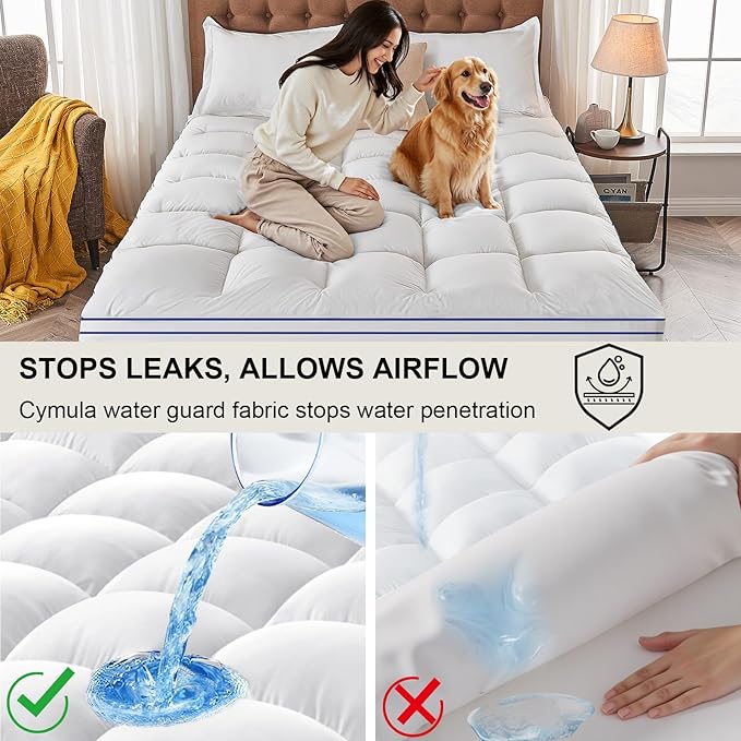 Mattress Topper Twin XL College Dorm, Waterproof Bed Topper Twin XL Cooling Mattress Pad Cover for College, Pillow Top Mattress Topper with Deep Pockets, Breathable Fluffy Fill Mattress Protector