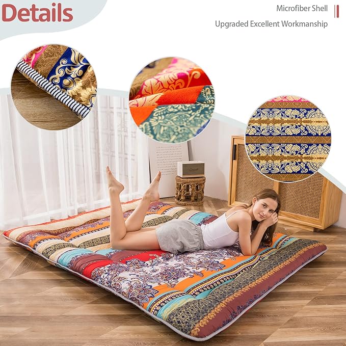 MAXYOYO Bohemian Retro Floor Mattress Vintage Floral Japanese Futon Mattress Roll Up Thicken Sleeping Bed Portable Camping Mattress Floor Lounger Couch Bed Pad, Twin Size