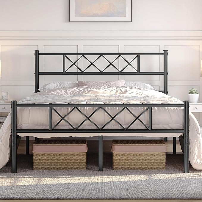 Yaheetech Full Size Metal Platform Bed Frame with Simple Headboard and Footboard, Mattress Foundation for Under Bed Storage, Steel Slat Support, No Box Spring Needed, Easy Assembly, Black