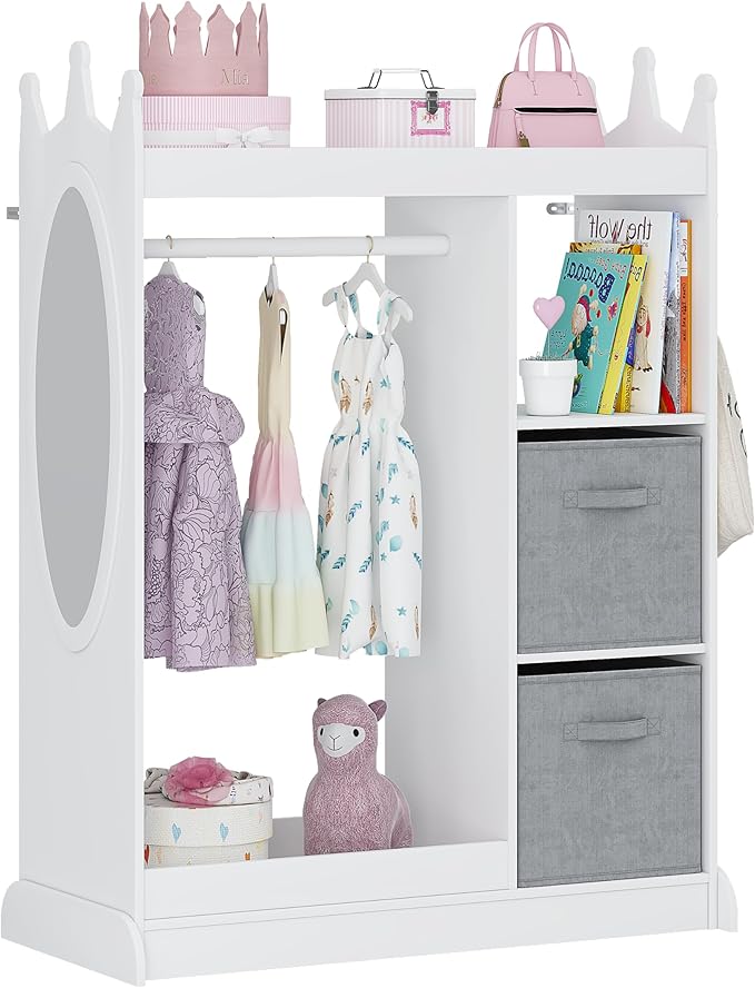 UTEX Kids Play Armoire with Mirror, Storage Bins and Closet for Dress Up and Costumes (White)