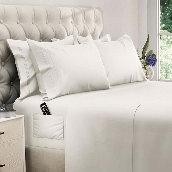 DREAMCARE King Size Sheets Set – 6 pcs Cooling Bed Sheets – up to 15” Deep Pocket King Sheet Set – 2500 Supreme Collection – Extra Soft 100% Brushed Microfiber Hotel Luxury with Side Pocket – Ivory
