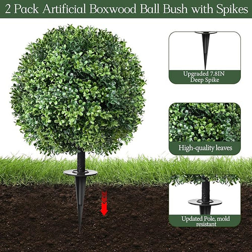 24" Artificial Topiary Boxwood Ball Tree with Ground Spike, Set of 2, UV Resistant Outside Fake Bushes Plants, Faux Cedar Balls Faux Shrubs Plastic Plants for Outdoor Indoor Front Porch Garden Decor