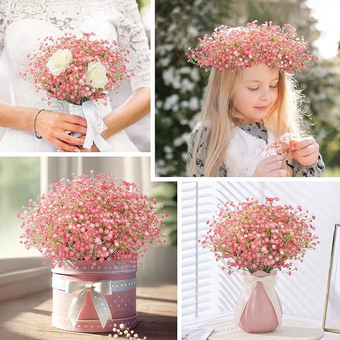 N&T NIETING Babys Breath Artificial Flowers Bulk, 10Pcs Fake Gypsophila Bouquet Flowers Real Touch Faux Babies Breath Arrangement for Wedding Floral Party Home Centerpieces Vase Decoration, Pink