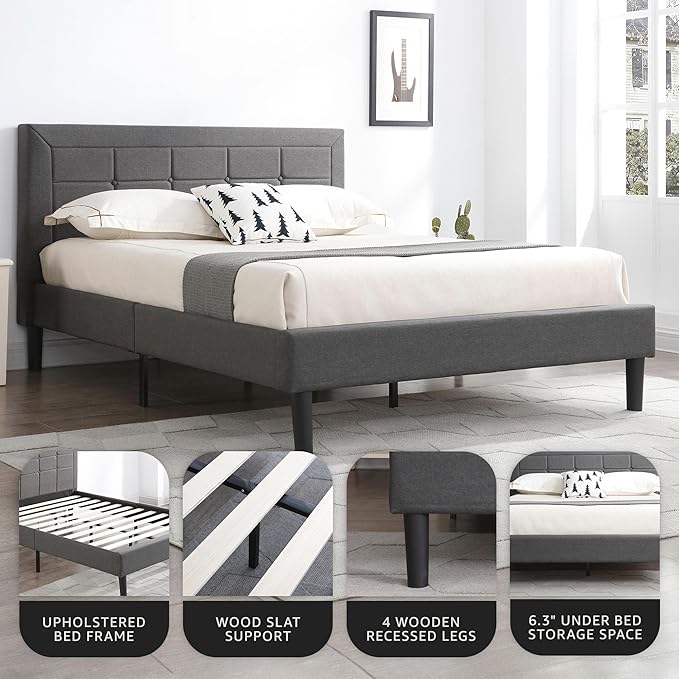 Decoro Mornington Upholstered 2.0 Platform Bed, Button-Tufted Fabric Headboard and Metal Frame with Wood Slat Support, Dark Grey, Full